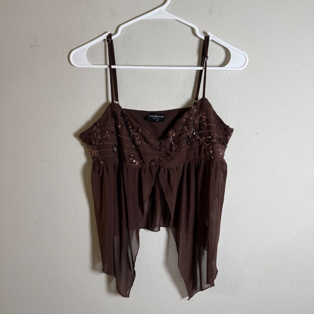 Mixed Threads Brown Sequin Mesh Hanky Hem Camisole Top AT0132 Large